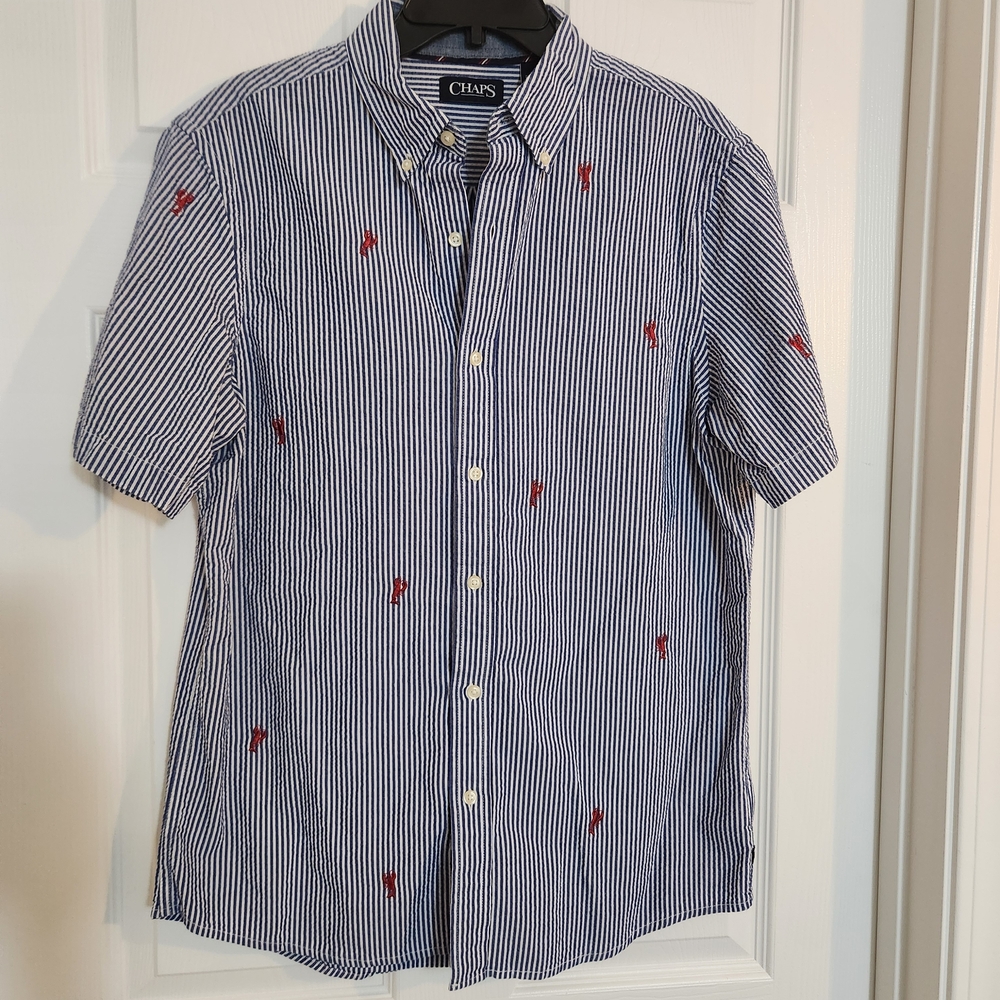 Chaps Striped Button Down with Red Embroidered Details